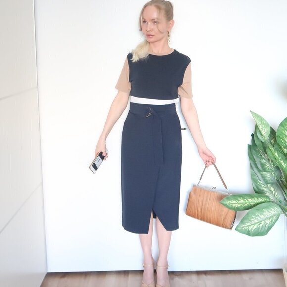 Zarina Smart Navy Blue False Wrap Midi Career Pencil Skirt With Belt S - Picture 10 of 16